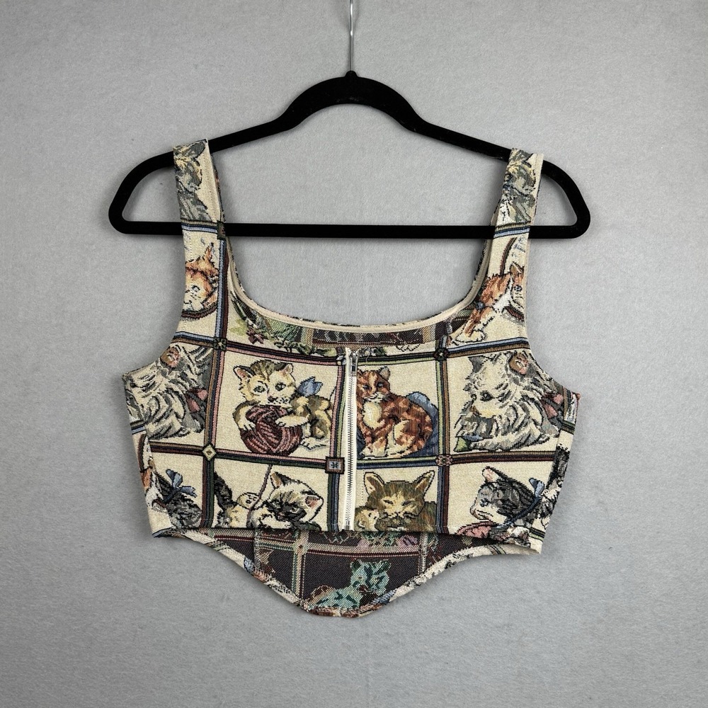 Cider Multicolor Cat Tapestry Zip Cropped Vest Cottage Grandmacore Sz M